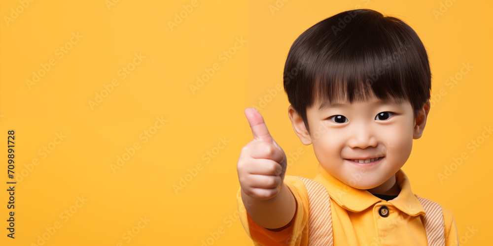 Banner with cute smiling chinese boy pointing ok sign with empty space for text over yellow background Banner with cute smiling chinese boy pointing ok sign with empty space for text over yellow background