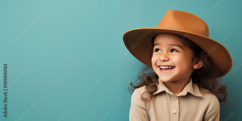 Banner with cute smiling girl in cowboy hat with empty space for text over teal background Banner with cute smiling girl in cowboy hat with empty space for text over teal background