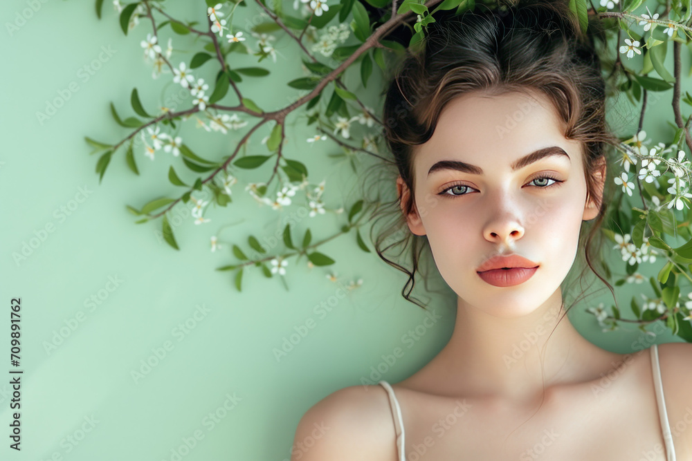 Nature woman portrait, portrait of a woman in spring blossom Nature woman portrait, portrait of a woman in spring blossom