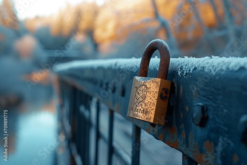 Engraved padlock attached to a bridge railing symbolizing a couple's enduring love with the scenic background capturing the romantic gesture on Valentine's Day