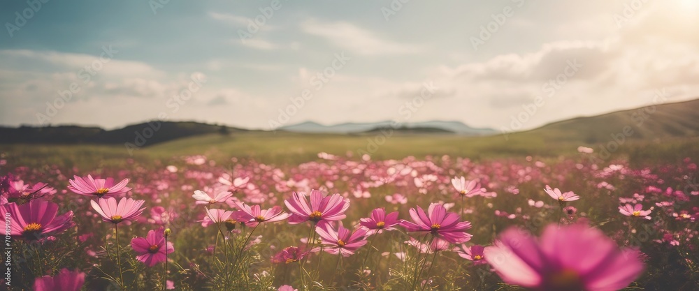 Fototapeta premium Vintage landscape nature background of beautiful cosmos flower field on sky with sunlight in spring