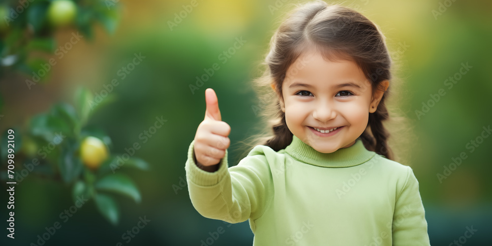 Banner with cute smiling pointing ok sign over lemon garden background. Banner with copyspace. Shallow depth of field. Banner with cute smiling pointing ok sign over lemon garden background. Banner with copyspace. Shallow depth of field.