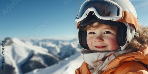 Banner with cute smiling little boy in a ski helmet with mountains copy space as the background. © Banners