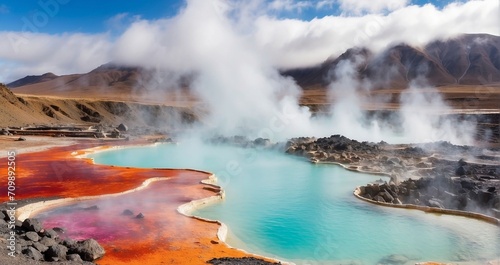 A serene scene featuring volcanic hot springs amidst a rugged landscape, with geothermal pools of steaming water surrounded by mineral-rich rocks and colorful microbial mats - Generative AI