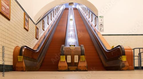 Antwerp, Belgium - Januari 1, 2024: Old Wooden Escalator At Pedestrians' Tunnel / St. Anna's Tunnel