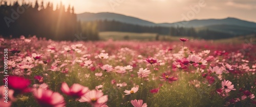 Vintage landscape nature background of beautiful cosmos flower field on sky with sunlight in spring