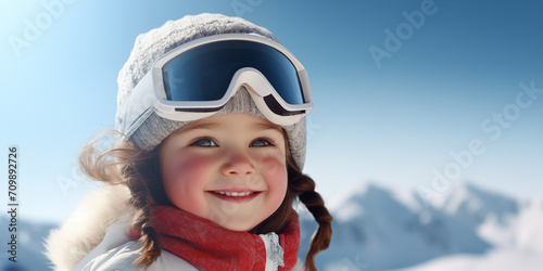 Banner with cute smiling girl in a ski helmet with mountain copy space as the background. Shallow depth of field.