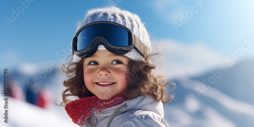 Banner with cute smiling girl in a ski glassess with mountain copy space as the background.  Shallow depth of field. 