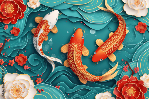 lucky koi fish in the water, Chinese new year and spring festival, poster and greeting card template, paper cut photo