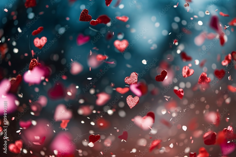 Heart-shaped confetti falling through the air capturing the festive and joyful spirit of a Valentine's Day celebration