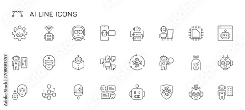 Ai line icon. Artificial intelligence bot, voice and text chatbot, computer vision and speech recognition, neural network and machine learning. Vector isolated set. Robot with chip in head