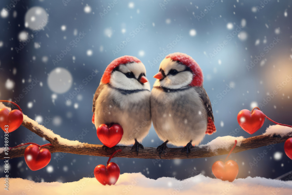Two lovely birds sitting on a branch. Valentine's Day concept. Two lovely birds sitting on a branch. Valentine's Day concept.