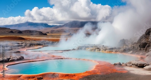 A serene scene featuring volcanic hot springs amidst a rugged landscape, with geothermal pools of steaming water surrounded by mineral-rich rocks and colorful microbial mats - Generative AI