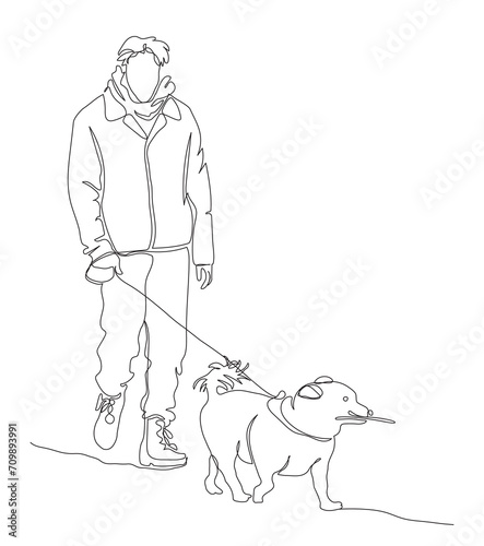 Man in winter clothes walking with dog. Dog carrying stick. Single line drawing. Black and white vector illustration in line art style.