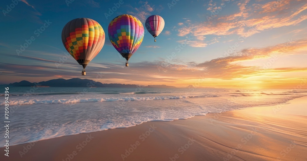 Hot air balloons over sea beach view Hot air balloons over sea beach view