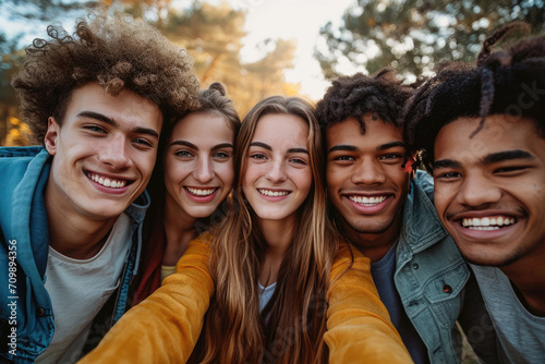 Grupo de amigos felices haciendo una videollamada desde el extranjero con sus seres queridos