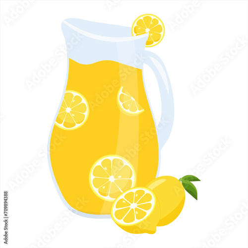 Lemonade. Glass jug with lemonade and lemon slices. Vector illustration.