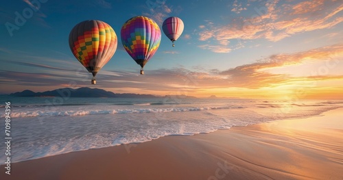 Hot air balloons over sea beach view