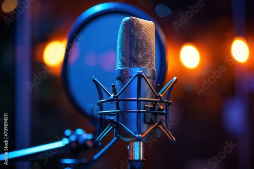 Professional microphone equipment for recording podcast in studio lights