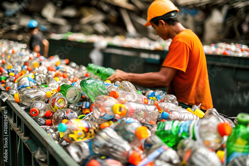 Fotografía de trabajadores de planta de reciclaje trabajando clasificando el plástico para ser reciclado