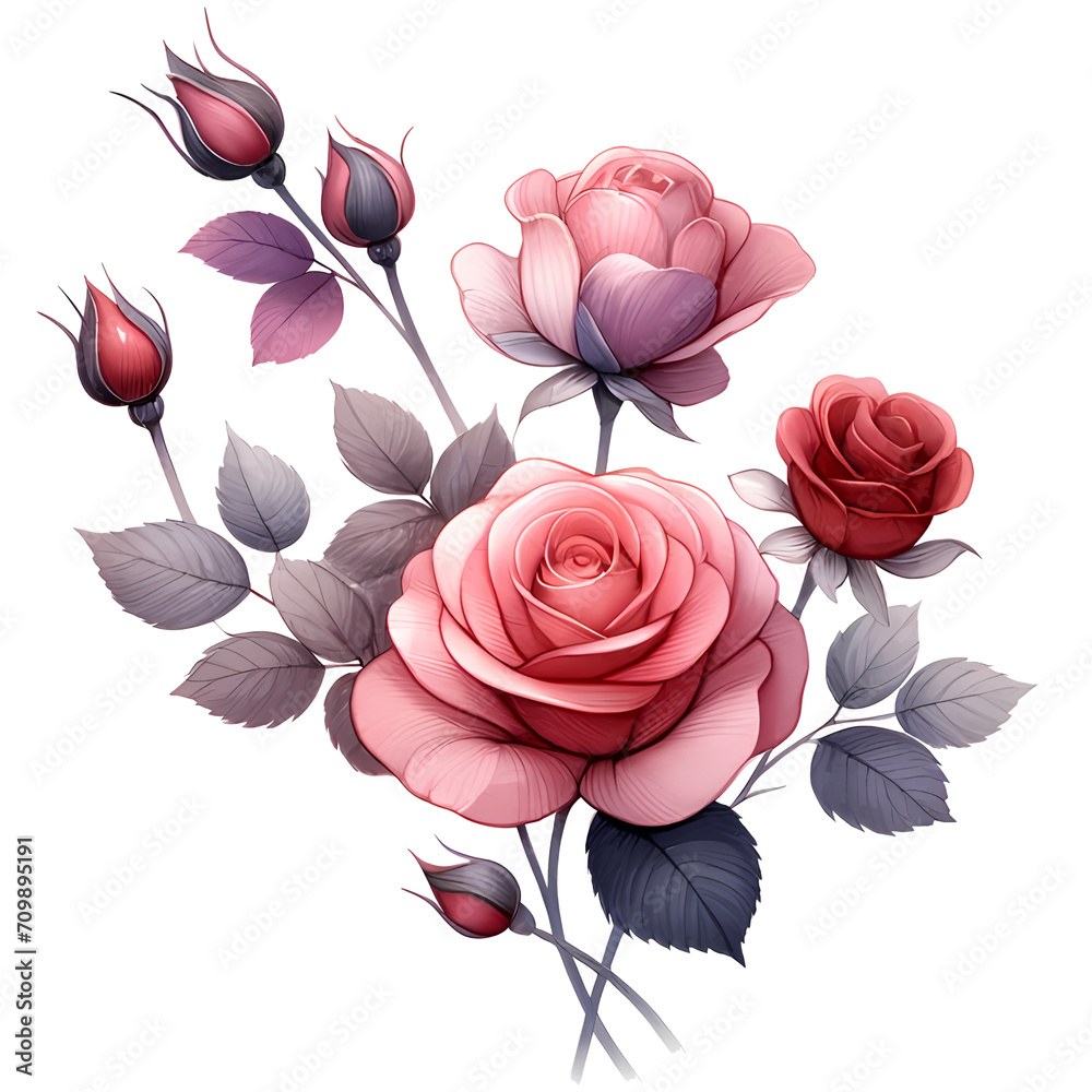A beautiful pink rose with leaves a watercolor style Valentine