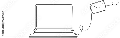 Laptop with envelope continuous line drawing. Send message concept. Vector illustration isolated on white.