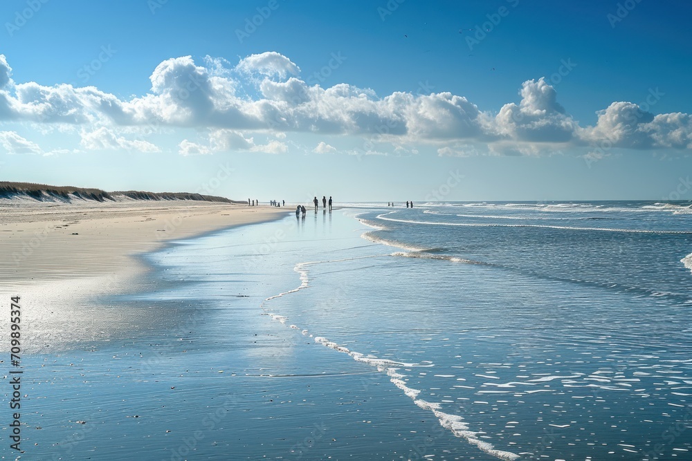 , Schleswig-Holstein, St. Peter-Ording, People standing along North Sea beach