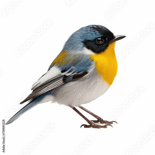 Yellow and Blue Bird Perched on White Surface