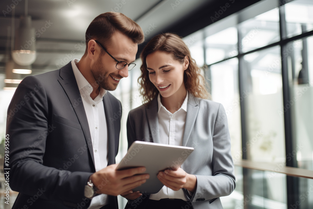 Business people professionals working in office, Colleagues using digital tablet, working together, giving advice, discussing and analyzing business strategy