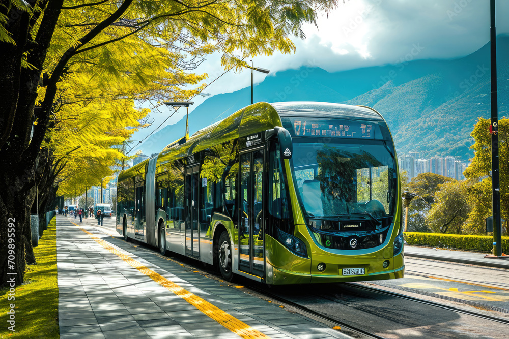 Fotografía de un autobús ecológico en una parada rodeado de áreas verdes, energía sostenible - obrazy, fototapety, plakaty 