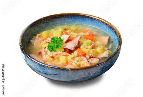 Fish Soup with Salmon, Millet and Vegetables, Tasty Meal on White Background