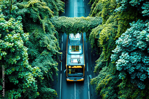 Fotografía de un autobús ecológico en una parada rodeado de áreas verdes, energía sostenible