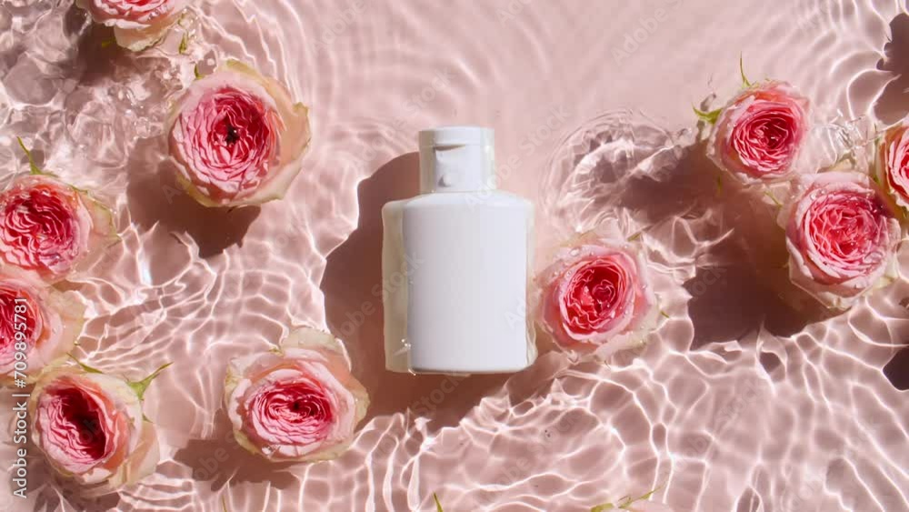 Cosmetic bottle and pink rose flowers. Slow motion of waves water. Clear water with reflections, refraction sunlight and shadows. Natural cosmetics. Sample for design, advertising. 4k Cosmetic bottle and pink rose flowers. Slow motion of waves water. Clear water with reflections, refraction sunlight and shadows. Natural cosmetics. Sample for design, advertising. 4k