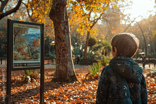 Fotografía de un niño leyendo un cartel educativo en un parque que destaca la importancia de cuidar el medio ambiente