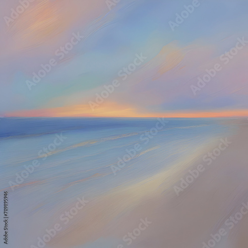 The beach at sunset. Pastel colors in impressionist style. Beach illustration. 