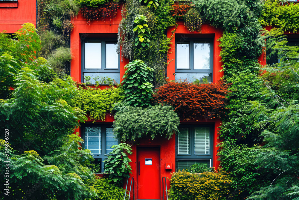 Fotografía de un edificio con fachada cubierta de plantas y vegetación, casa sostenible