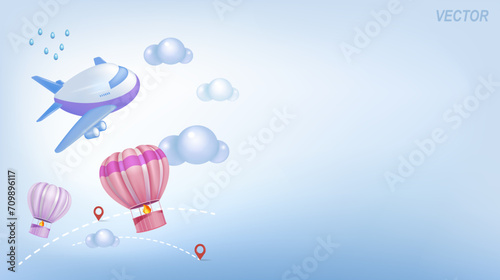 A minimalistic cartoon airplane. The concept of travel, 
tourism, vacation planning by plane. Booking tickets 
and passenger service. 3d vector illustration.
 photo