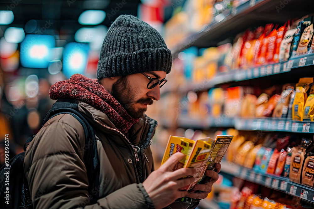 Fotografía de una persona leyendo etiquetas de productos en un supermercado, alimentación consciente - obrazy, fototapety, plakaty 