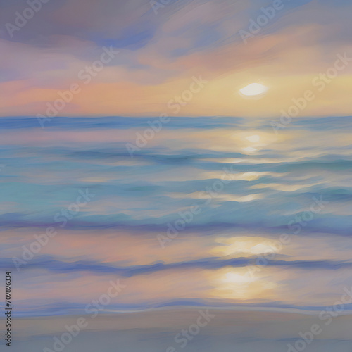 The beach at sunset. Pastel colors in impressionist style. Beach illustration. 