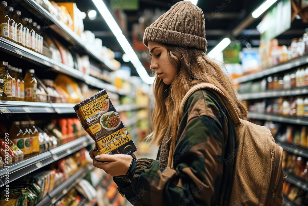 Fotografía de una persona leyendo etiquetas de productos en un supermercado, alimentación consciente - obrazy, fototapety, plakaty 