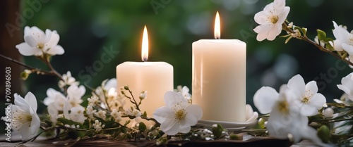 white flowering branch and 3 white candle lights outside in a garden, floral concept with burning candel