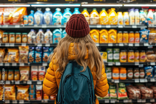 Fotografía de una persona leyendo etiquetas de productos en un supermercado, alimentación consciente