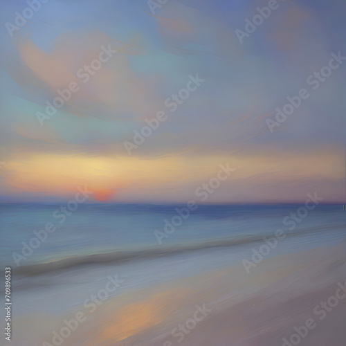 The beach at sunset. Pastel colors in impressionist style. Beach illustration. 