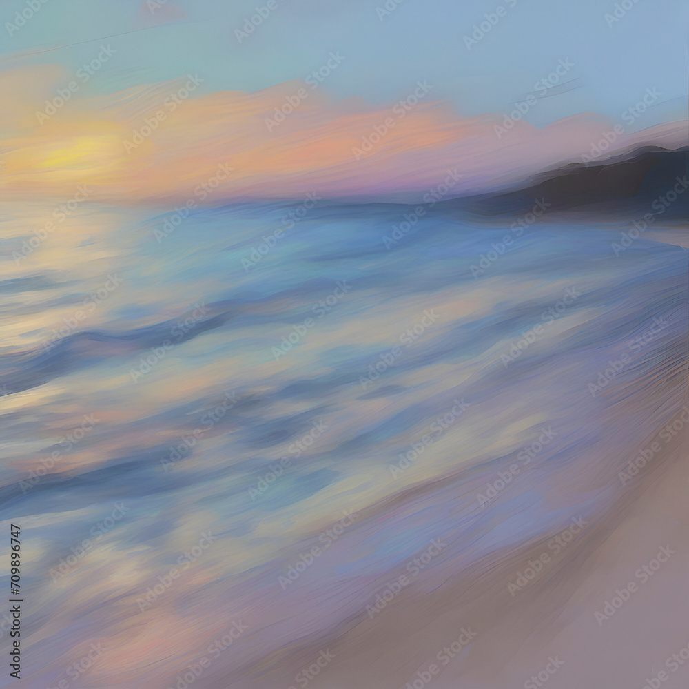 Obraz premium The beach at sunset. Pastel colors in impressionist style. Beach illustration. 