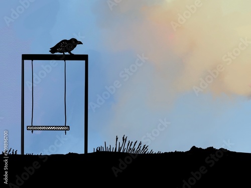 clever crow perched on a child's swing in the evening