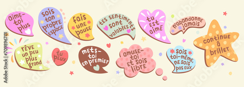Vector collection of speech bubbles with affirmations in French language. Self love and compliment phrases.