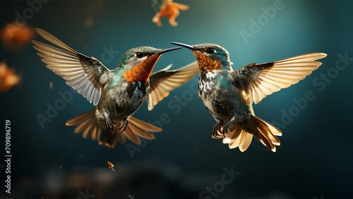 Two Hummingbirds in flight on a dark background. Collage. © Rama