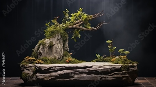 Nature-inspired product display: Stone podium, moss, and tree on dark grey. Ideal for social media promotions seeking an organic vibe. photo