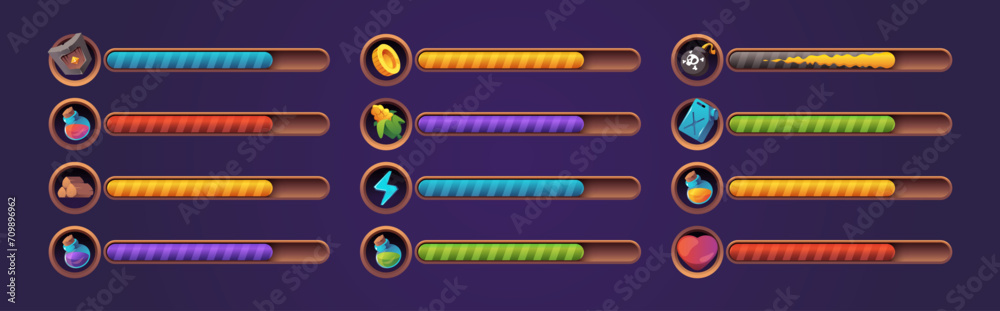 Game health bar. UI asset for video game, energy indicator for mobile web and desktop, potion and heals indicator, wealth and energy bar. Vector colorful set of game bar interface design illustration - obrazy, fototapety, plakaty 