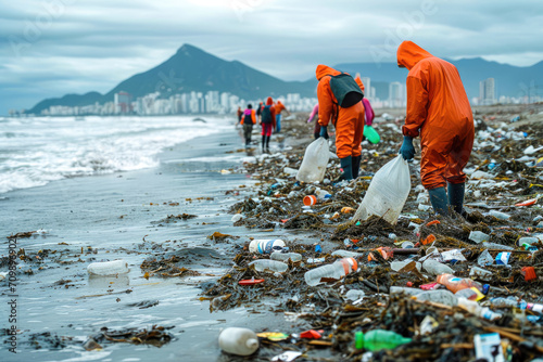 Voluntarios limpiando playas de residuos plásticos luchando contra la contaminación y el cambio climático, micro plásticos, salvando la fauna marina  photo